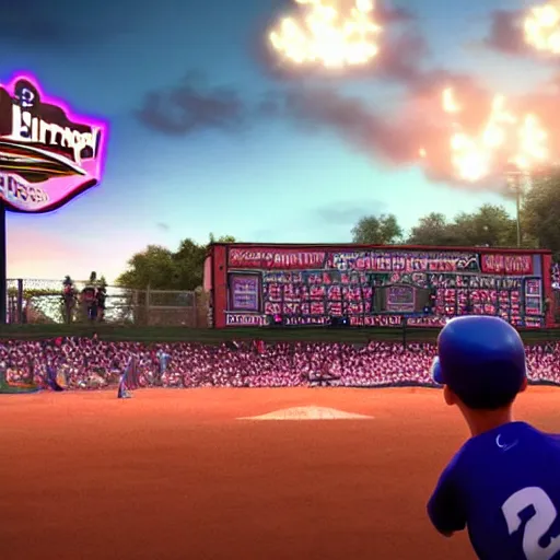 Prompt: disney pixar render of an aberration in the fabric of reality above a little league baseball game, tearing reality apart, everyone looks up at the sky, cinematic lighting