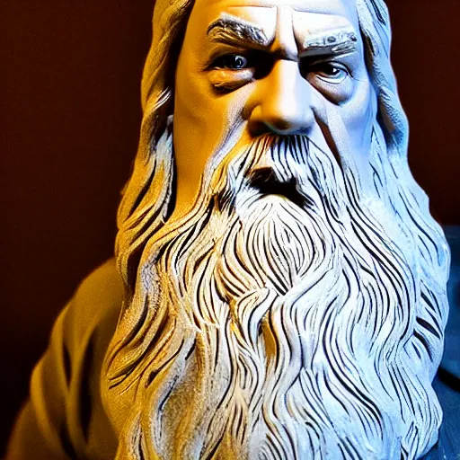 Image similar to gandalf sculpted in the style of george tsougkouzidis, clay, sculpture, portrait lighting