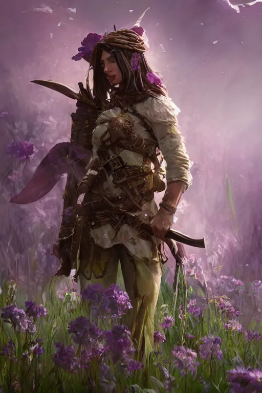 Image similar to A high fantasy female dnd ranger standing in the middle of the field of flowers by Eddie Mendoza face close up official media beautiful detailed high quality