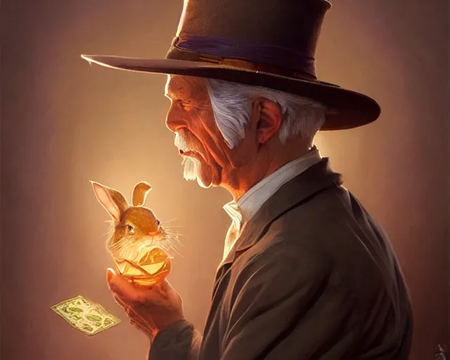 Image similar to an old man magician pulling a rabbit out his hat, deep focus, d & d, fantasy, intricate, elegant, highly detailed, digital painting, artstation, concept art, matte, sharp focus, illustration, hearthstone, art by artgerm and greg rutkowski and alphonse mucha