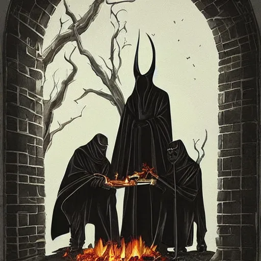 Prompt: cultists in black robes surround a stove, realistic, gothic, black masks, magical, realistic painting, Dungeons and Dragons