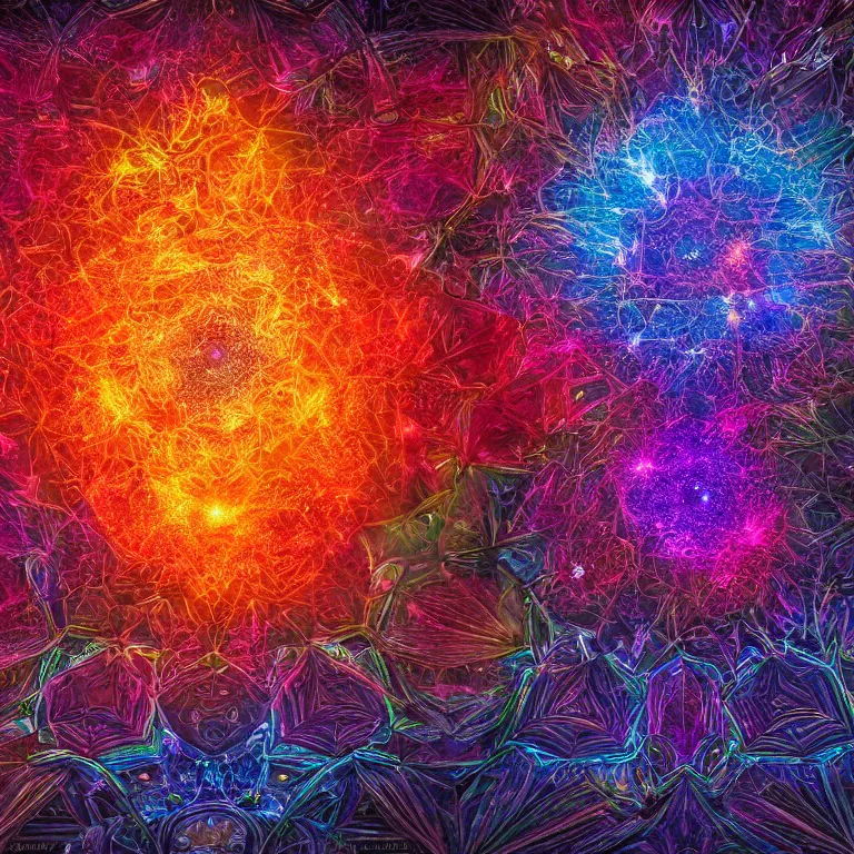 Image similar to a centered and symmetrical intricate hexagonal 3 d metal contraption with finely structured nylon string structures by dan mumford, colorful twirling smoke trails, a twisting vortex of dying galaxies, collapsing stars and supernovae, digital art, photorealistic, vivid colors, highly detailed, intricate