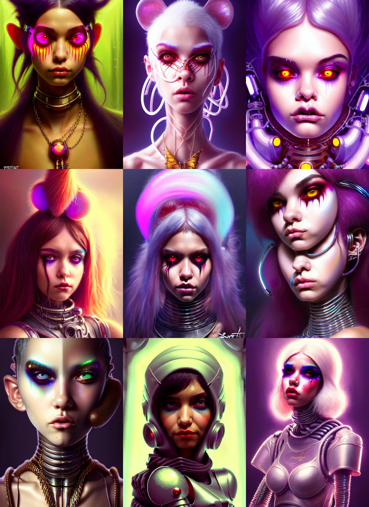 Prompt: disney weta portrait, soft lustrous beautiful biotech raver white emo clowncore madison beer cyborg, rap bling, hi - fructose, sci - fi fantasy cyberpunk intricate decadent highly - detailed digital painting, octane render, artstation, concept art, smooth, sharp focus, illustration, art by artgerm, mucha, loish, wlop