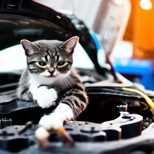 Prompt: A cat holding a wrench repairing a car's engine