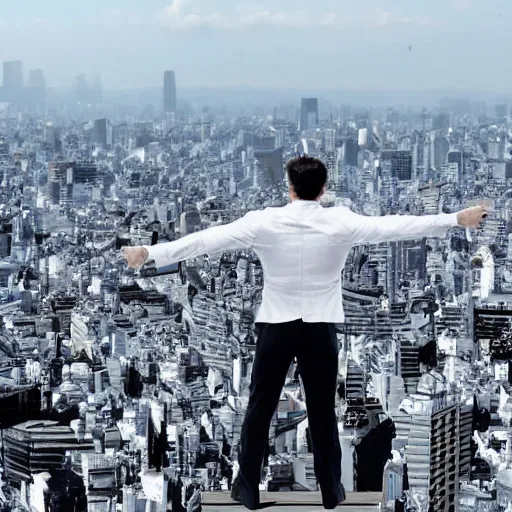 Prompt: giant hugh jackman rampaging through tokyo like godzilla, towering above the skyline
