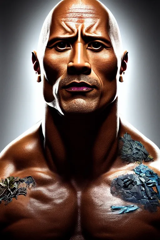 Image similar to a beautiful Dwayne Johnson portrait, with a brilliant, impossible striking big organic matter subsurface scattering material headpiece, clothes entirely made out of organic subsurface scattering material, symmetrical, dramatic studio lighting, rococo, baroque, jewels, asian, hyperrealism, closeup, D&D, fantasy, intricate, elegant, highly detailed, digital painting, artstation, octane render, 8k, concept art, matte, sharp focus, illustration, art by Artgerm and Greg Rutkowski and Alphonse Mucha