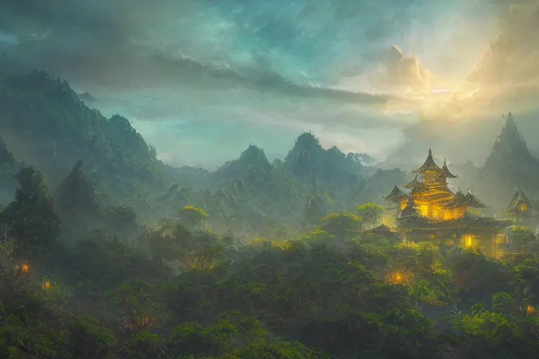 Image similar to cinematic lighting fantasy painting, an ancient land, sunset and ominous shadows over the kingdom, valleys and farmland and villages, brutalist shiro himeji rivendell palace, garden of eden by jessica rossier