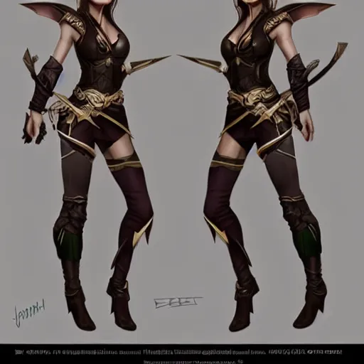 Image similar to character outfit concept of fantasy female elf ranger, by Josh Durham and artgerm, multiple views, highly detailed, artstation