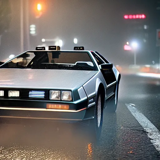 Image similar to hyperdetailed, photorealistic photograph of a dmc 1 2 delorean driving in the streets, rain, night, dense fog, hd, unreal engine 5