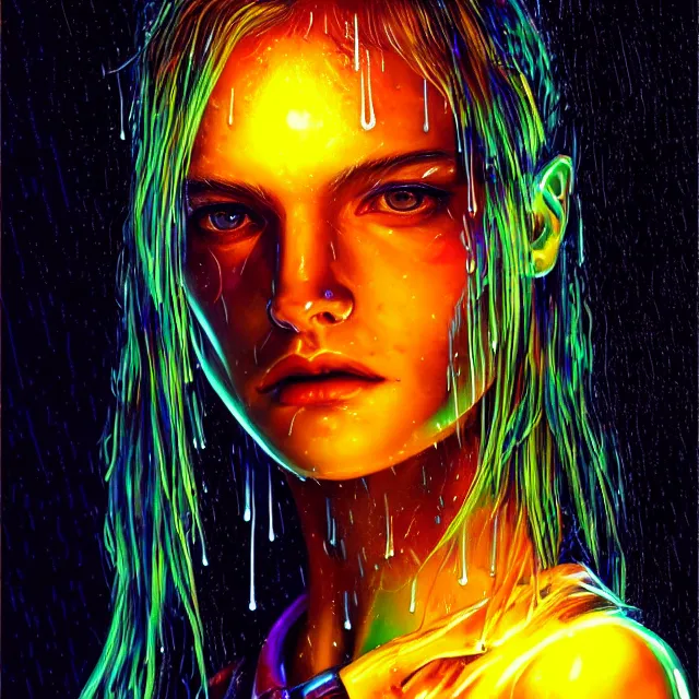 Image similar to bright asthetic portrait LSD glowing backlit rain on face and wet hair, cyberpunk, overhead lighting, fantasy, intricate, elegant, dramatic lighting, highly detailed, lifelike, photorealistic, digital painting, artstation, illustration, concept art, smooth, sharp focus, art by John Collier and Albert Aublet and Krenz Cushart and Artem Demura and Alphonse Mucha