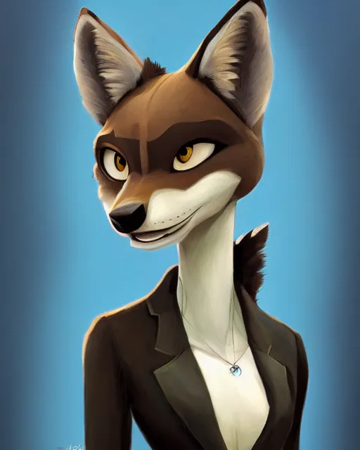 Image similar to oil painting of anthromorphic female wolf, in style of cory loftis, fursona, furry, furaffinity, 4 k, deviantart, furry art, fursona art, wearing black business suit, business suit, in style of zootopia, wolf fursona, cyberpunk, female, very very very expressive detailed feminine face,