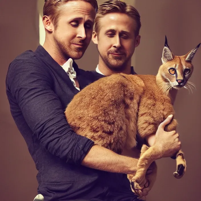 Image similar to Ryan Gosling holds a caracal cat in his hands, ultra highly detailed, smooth, sharp focus, elegant, artstation