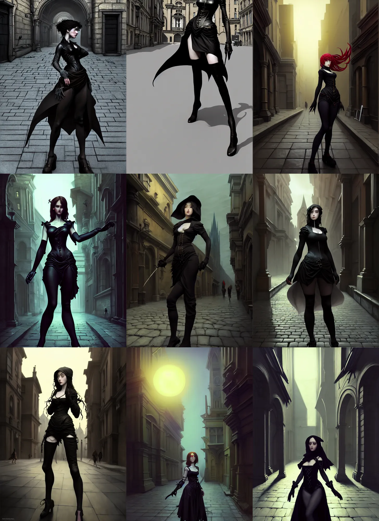 Prompt: artist reference pictures pose, anatomy skills,sophisticated composition, old masters light composition, procedurally generated, epic art girl character posing for concept art, gothic city streets behind her, costume design from postmodern designers, substance designer, PBR, HD, Ultra detailed, hyperrealistic, megascans, volumetric light, concept by master artist, made in paint tool SAI2, trending pixiv face