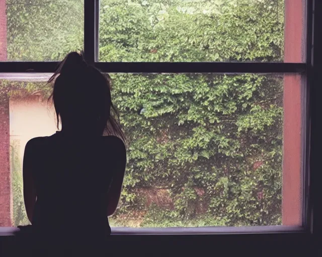 Prompt: an emo girl looking out of her window on a hot day, exhausted, view from inside
