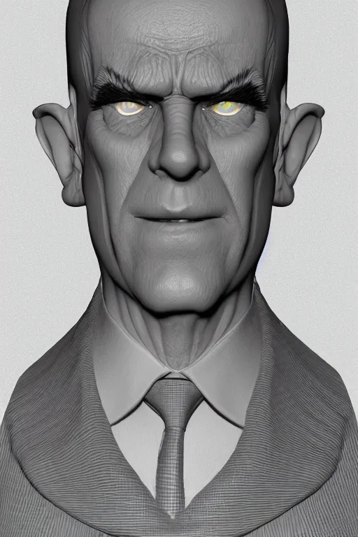 Image similar to 3 d model of a sinister man by brian bolland, rachel birkett, alex ross, and neal adams | portrait, character concept, concept art, unreal engine, finalrender, centered, deviantart, artgerm