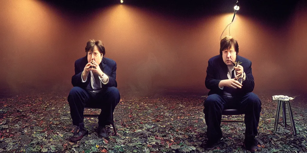 Image similar to award winning photo of BILL HICKS smoking weed in new york, vivid colors, happy, symmetrical face, beautiful eyes, studio lighting, wide shot art by gregory crewdson