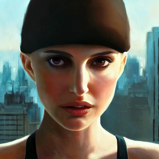 Image similar to closeup portrait of natalie portman from the movie leon the professional, matilda. hitman, city background, dramatic light, gorgeous view, depth, high detail, digital art, painted by greg rutkowski and seb mckinnon, by tim burton, trending on artstation