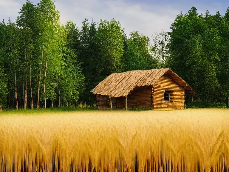 Image similar to hyperrealism photography of beautiful eco house around the forest in small ukrainian village by taras shevchenko, wheat field behind the house