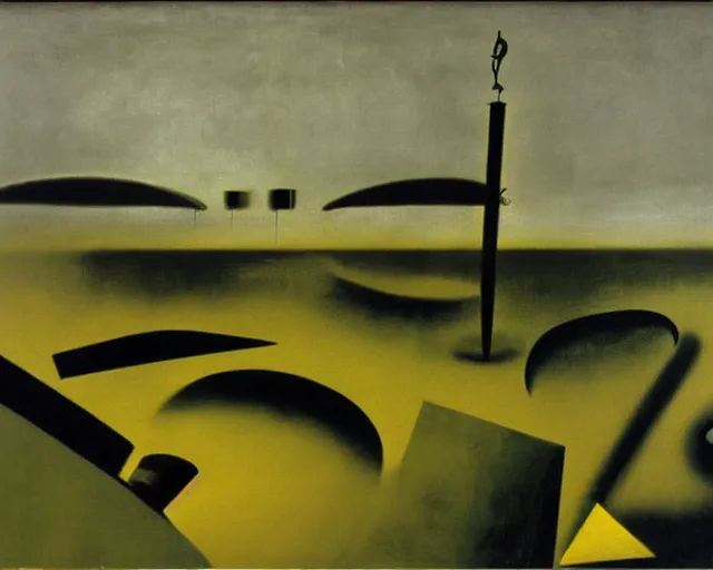 Image similar to a green, gold, and black painting by Yves Tanguy