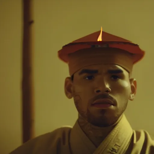 Image similar to cinematic film still of Chris Brown starring as a Japanese Sensei with fire, Japanese CGI, VFX, 2003, 40mm lens, shallow depth of field, film photography