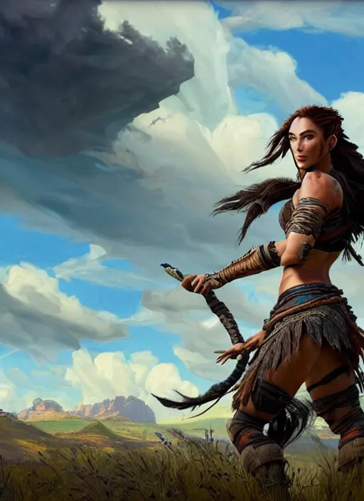 Prompt: megan fox appearance with black braided hair as aloy from horizon zero dawn with muscular sexy upper body, countryside, calm, fantasy character portrait, dynamic pose, above view, sunny day, thunder clouds in the sky, artwork by jeremy lipkin and giuseppe dangelico pino very coherent asymmetrical artwork, sharp edges, perfect face, simple form, 1 0 0 mm