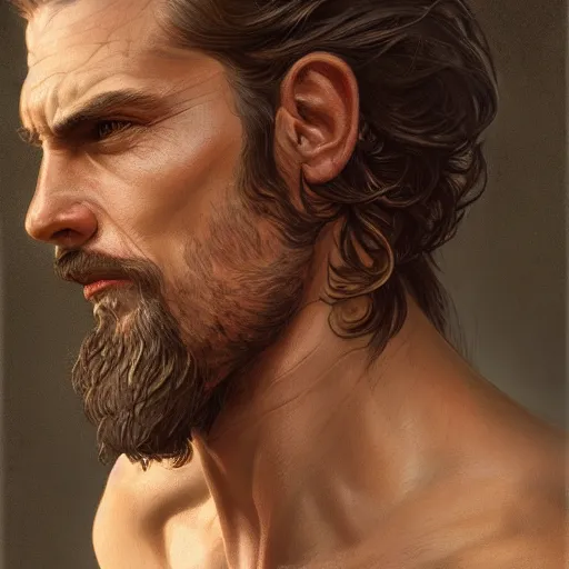 Prompt: portrait of a young, ruggedly handsome ranger, soft hair, muscular, half body, leather, fantasy, intricate, elegant, highly detailed, digital painting, artstation, concept art, smooth, sharp focus, illustration, art by artgerm and greg rutkowski and alphonse mucha