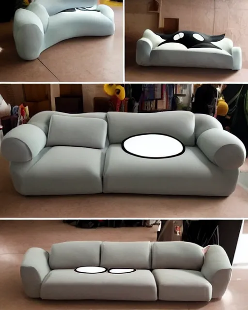 Image similar to an antropomorphic sofa by studio ghibli, googly eyes, cute, anime artstyle