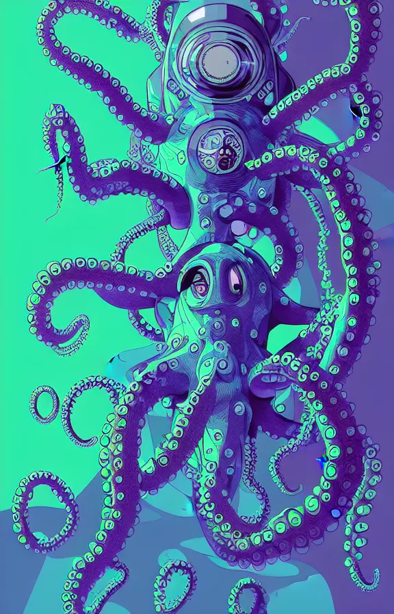 Image similar to robotic cyberpunk octopus by miyazaki, blue green purple color palette, symmetrical poster illustration, kenneth blom, mental alchemy, james jean, pablo amaringo, naudline pierre, contemporary art, hyper detailed