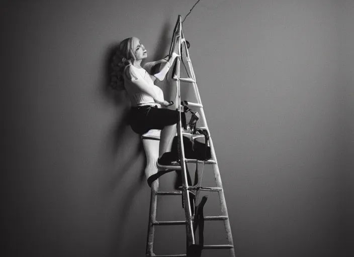 Image similar to photo still of tuesday weld climbing a ladder, 8 k, studio lighting bright ambient lighting key light, 8 5 mm f 1. 8