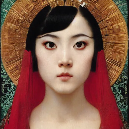 Image similar to front symmetric face of asian megane fox in japanese costume, victorian head dress, by jan van eyck, tom bagshaw, jean delville, william bouguereau, albrecht durer, symbolist painting, mysterious mood