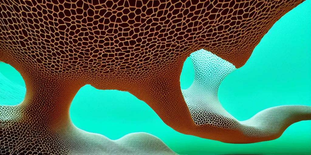 Image similar to biomorphic honeycomb structures by ernesto neto, light - mint with light - pink color, 4 k, insanely quality, highly detailed, film still from the movie directed by denis villeneuve with art direction by zdzisław beksinski, telephoto lens, shallow depth of field