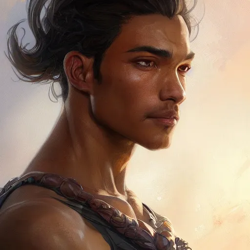 Prompt: beautiful, strong, mixed race, male, face, head shot, fantasy, highly detailed, digital painting, artstation, concept art, smooth, sharp focus, illustration, art by artgerm and greg rutkowski and alphonse mucha