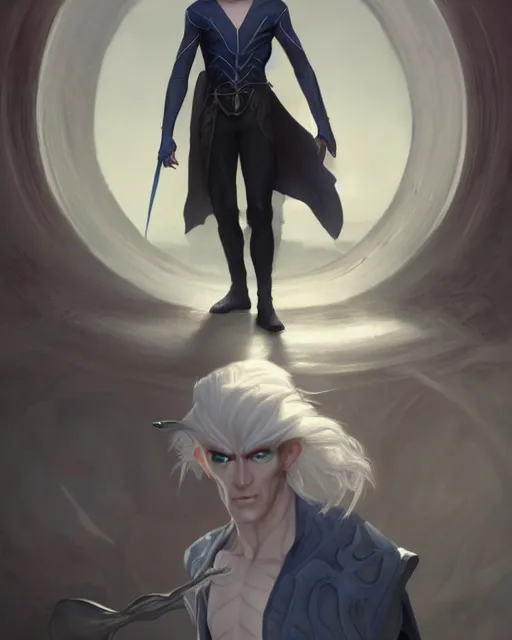 Prompt: character portrait of a slender young half elven man with white hair and eyebrows, piercing bright blue eyes, and pale bluish skin, by greg rutkowski, mark brookes, jim burns, tom bagshaw, trending on artstation