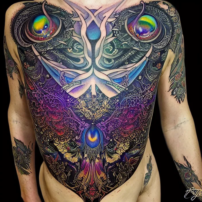 Image similar to extremely psychedelic tattoo design made of cressent moon and black bird, LSD tattoo design, diffuse lighting, fantasy, intricate, elegant, highly detailed, lifelike, photorealistic, digital painting, artstation, illustration, concept art, smooth, sharp focus, art by John Collier and Albert Aublet and Krenz Cushart and Artem Demura and Alphonse Mucha