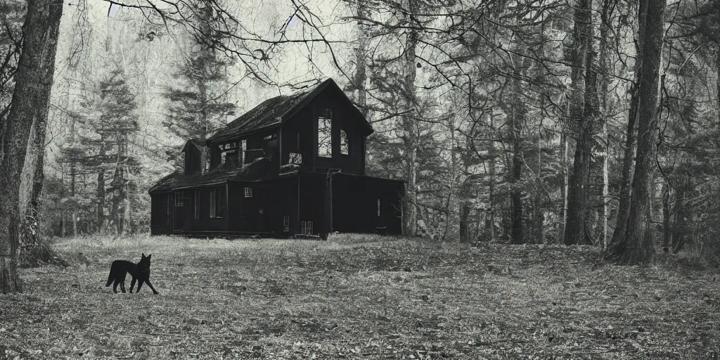 Prompt: house in the wood, giant black wolf, blur, focus, cinematic, 35mm, noise effect