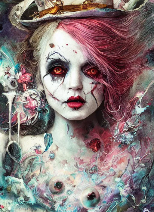 Image similar to alice in wonderland mad hatter death tarot card, highly detailed, cinematic, 8 k, by stanley artgermm, tom bagshaw, greg rutkowski, carne griffiths, ayami kojima, beksinski, giger, trending on deviantart, hyper detailed, horror, full of colour