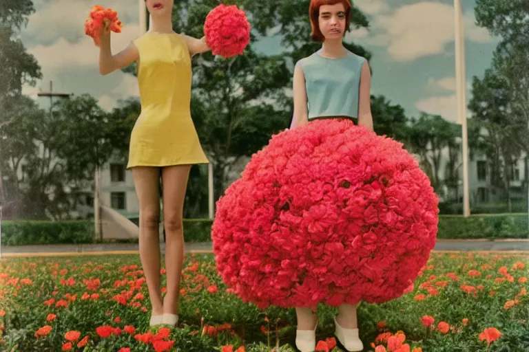 Image similar to giant flower head, girl standing, 1 9 6 0 s hotel, surreal photography, centered frontal, symmetry, mid century, bright colours, wes anderson