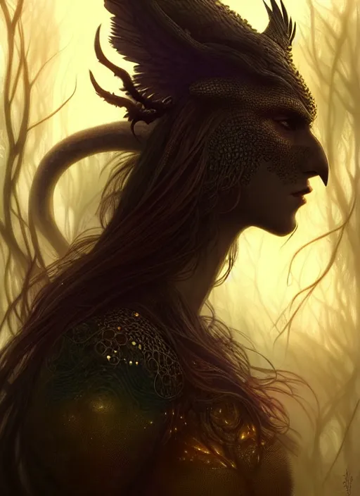 Image similar to side portrait dark crow, fantasy forest landscape, dragon scales, fantasy magic, dark golden light night, intricate, elegant, sharp focus, illustration, highly detailed, digital painting, concept art, matte, art by WLOP and Artgerm and Greg Rutkowski and Alphonse Mucha, masterpiece