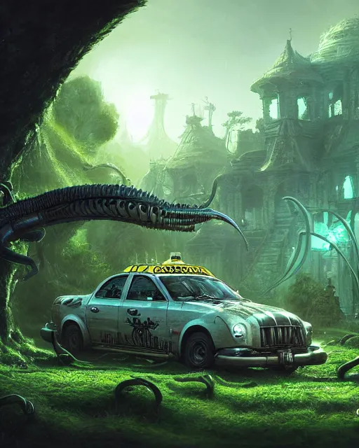 Image similar to xenomorph taxi car in a fantasy village, calming, uplifting mood, ultra realistic, farm, small buildings, highly detailed, atmosphere, masterpiece, epic lighting, elves, green plants, magic, illuminated, 4 k, cinematic, morning sun, art by eddie mendoza and sylvain sarrailh and jonathan berube