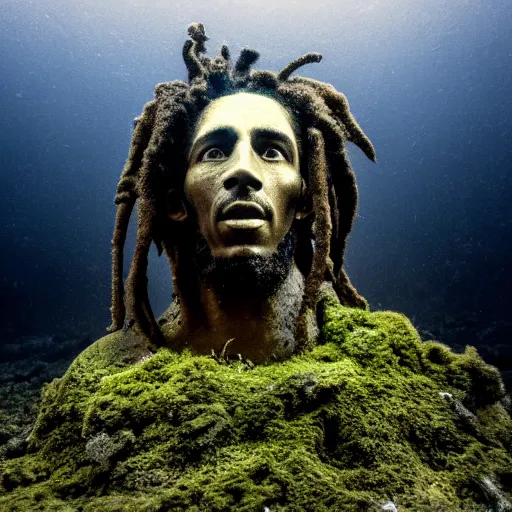 Image similar to Award-winning photograph by Mar Mann. The photo depicts a decaying roman bust of Bob Marley overgrown with moss at the bottom of the sea in the middle of ruins of civilization. Minimalism, high definition, perfect composition. Deep sea picture. Very dark. Volumetric Lighting. Fish. Darkness. Ruins