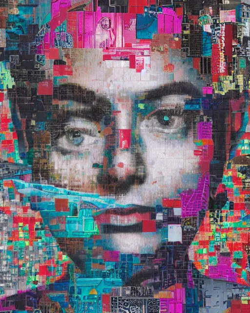 Prompt: a beautiful graffiti of a satellite view of an industrial city mixed with portrait photography by tristan eaton, glitches