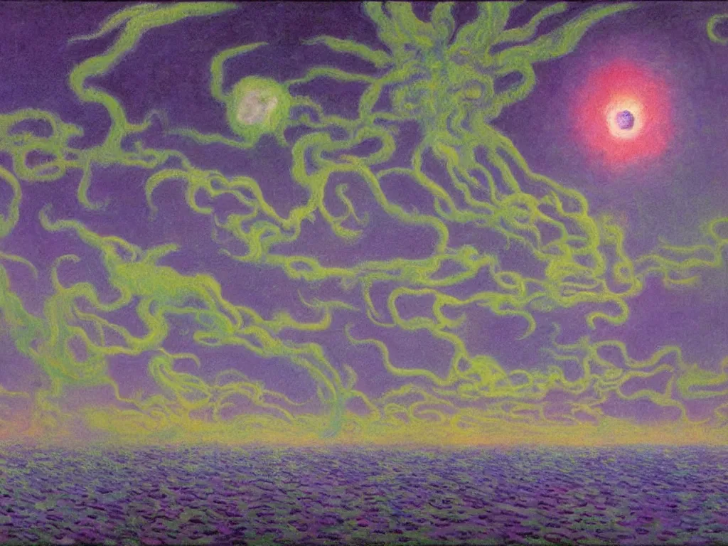 Image similar to study of the psychedelics dream bot mothership thunderstorm. painting by monet, wayne barlowe, agnes pelton, rene magritte, moebius