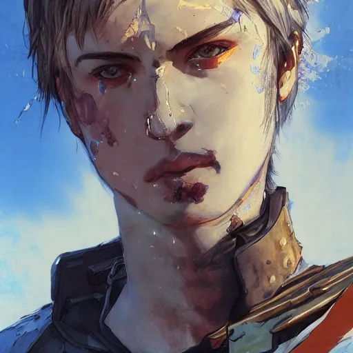 Prompt: portrait of a young white hero holding his sword next to his face covering his eye by yoji shinkawa, high quality, extra details, realism, ornate, colored, golden chain, blood, white skin, short hair, brown eyes, vivid, sunlight, dynamic, american man, freedom, white american soldier, painting