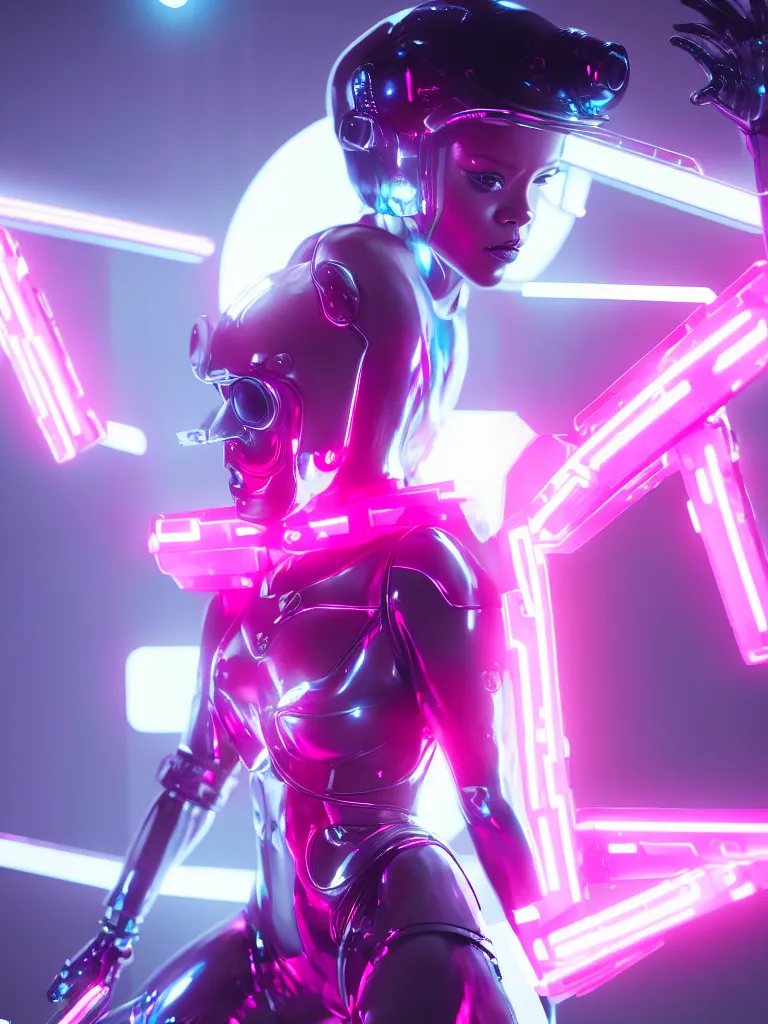 Image similar to cinematic, photography, a beautiful rihanna cyborg, perfect bionic body, pink chrome armor, neon holographic ui data displays, pink space gun, hajime sorayama, masamune shirow, octane rendered, 4 k, lens flare,