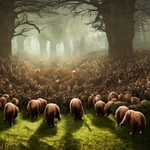 Prompt: an army of bears facing an army of bulls, magical forest, fantasy, Ireland, England, king Arthur, Lord of the rings, cinematic, realistic style, beautiful, majestic, dramatic lighting, early morning, dawn CGsociety, realistic, hyper maximalist, golden ratio, octane render, rule of thirds, wide shot , 8k resolution, epic volumetric light, cinematography, concept art, Artstation trending, environments, fantasy