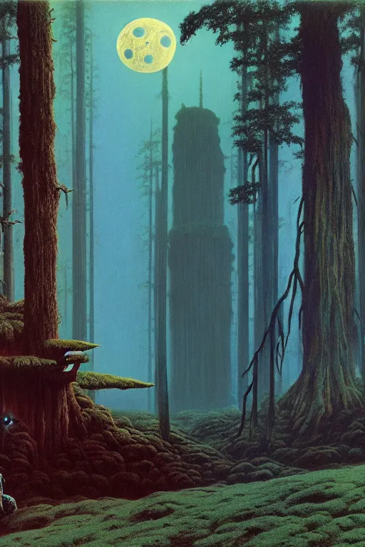 Image similar to emissary the forest moon home of the furry ewoks ( designated : ix 3 2 4 4 - a ) by arthur haas and bruce pennington and john schoenherr, cinematic matte painting, 8 k, dark color palate