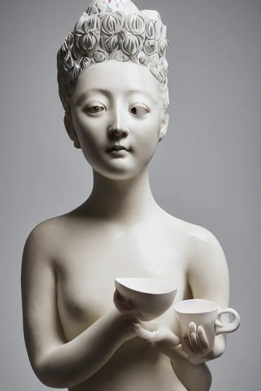 Image similar to full head and shoulders, beautiful female porcelain sculpture, smooth, painted willow tea cup features, delicate facial features, white eyes, white lashes, giant sculpture in ornate french ballroom, by daniel arsham and jeff moons