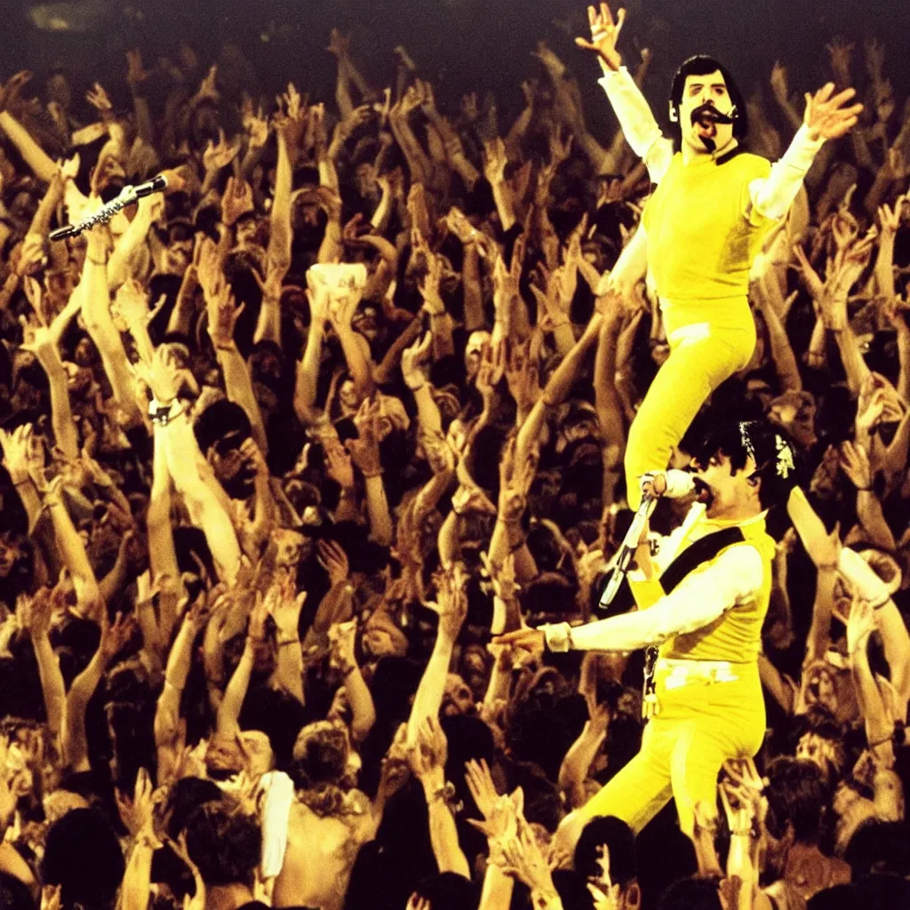 Image similar to freddie mercury singing at a death metal punk concert. mosh pit, elaborate clothing, violent rock concert yellow and white clothing, huge angel wings - s 1 5 0