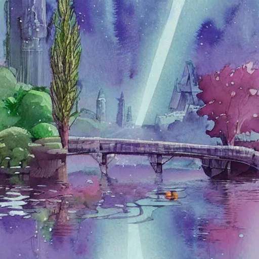 Image similar to Beautiful happy picturesque charming sci-fi town in harmony with nature. Beautiful light. Water and plants. Nice colour scheme, soft warm colour. Beautiful artistic watercolor by Lurid. (2022)