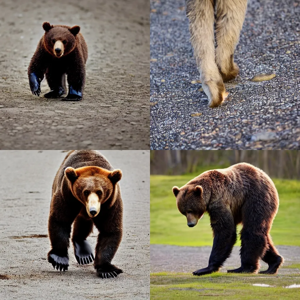 Prompt: a cute bipedal bear leaving footprints as he walks